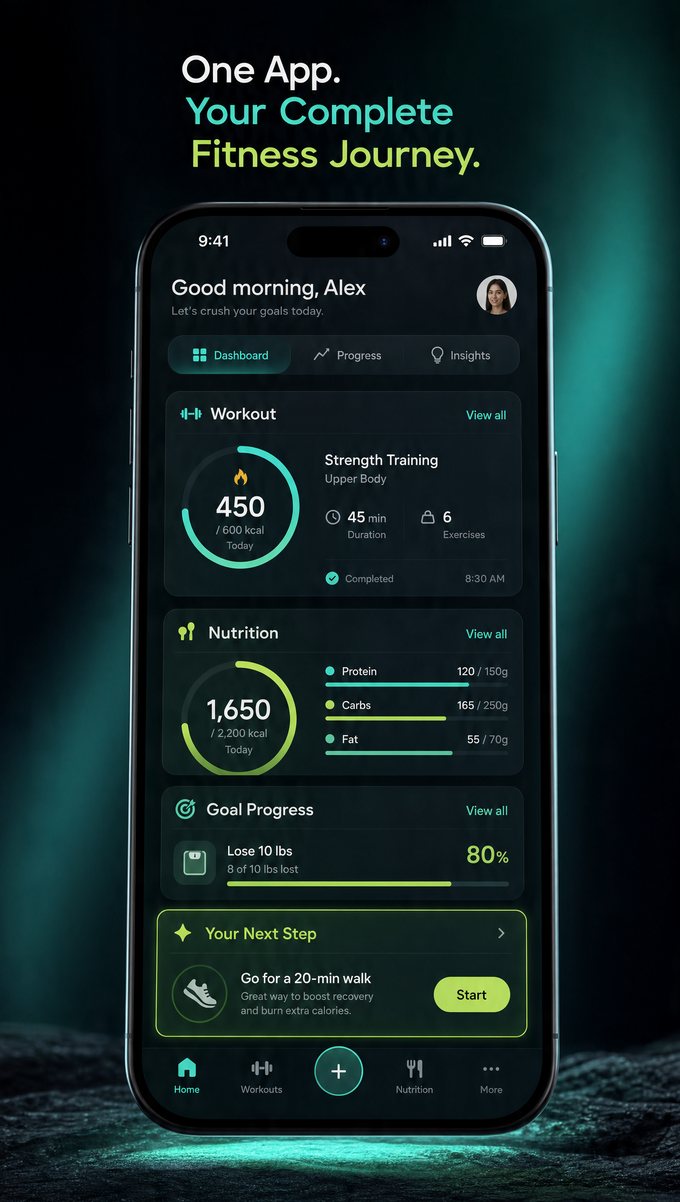 Myoviq app dashboard — workout, nutrition and goal tracking